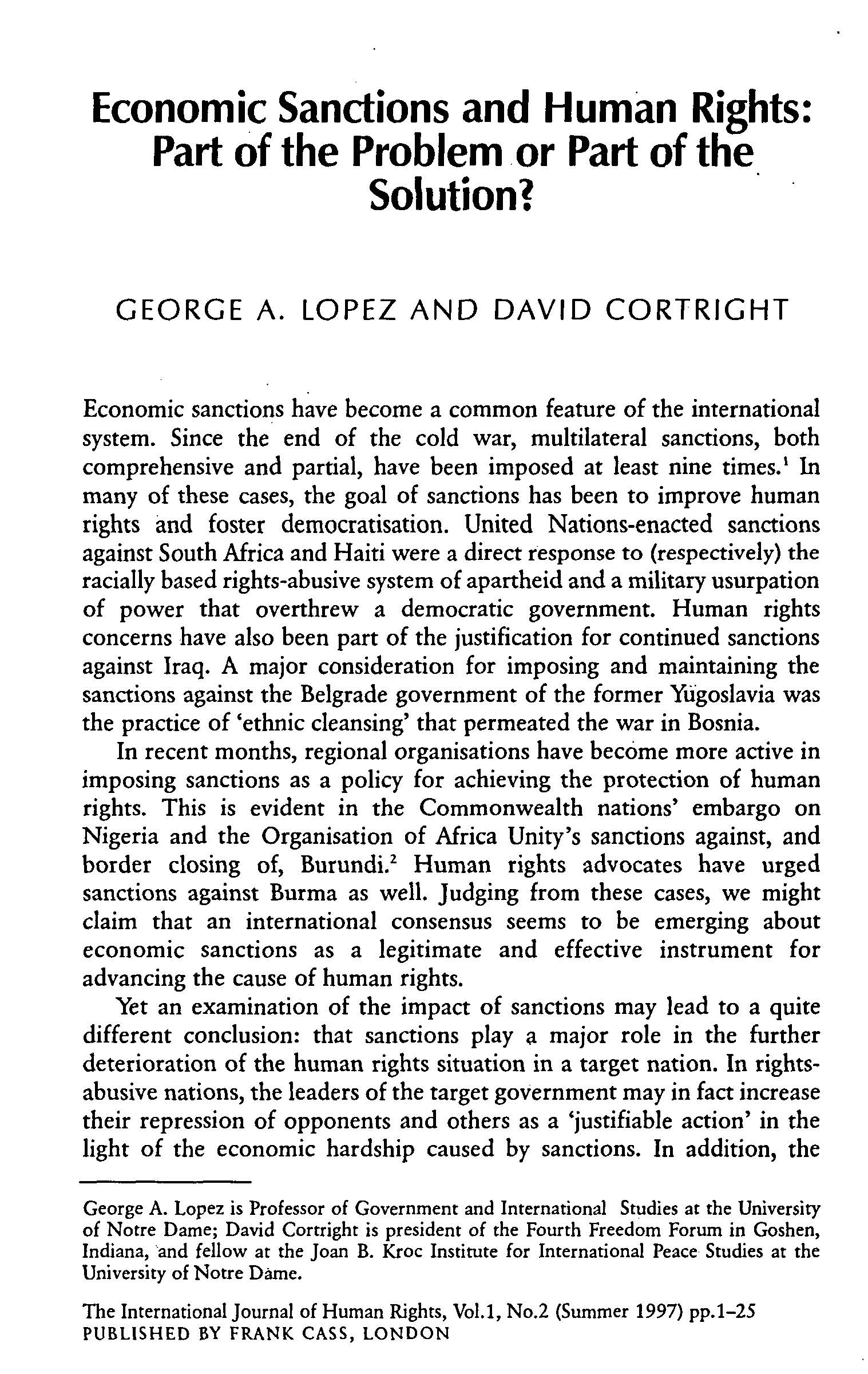 Economic Sanctions and Human Rights: Part of the Problem or Part of the Solution?