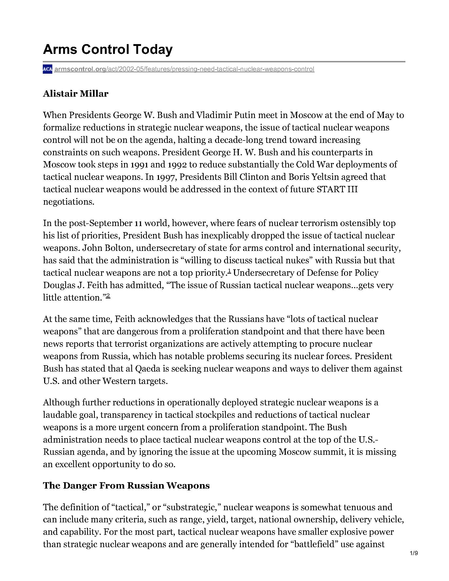 The Pressing Need for Tactical Nuclear Weapons Control - Sanctions ...