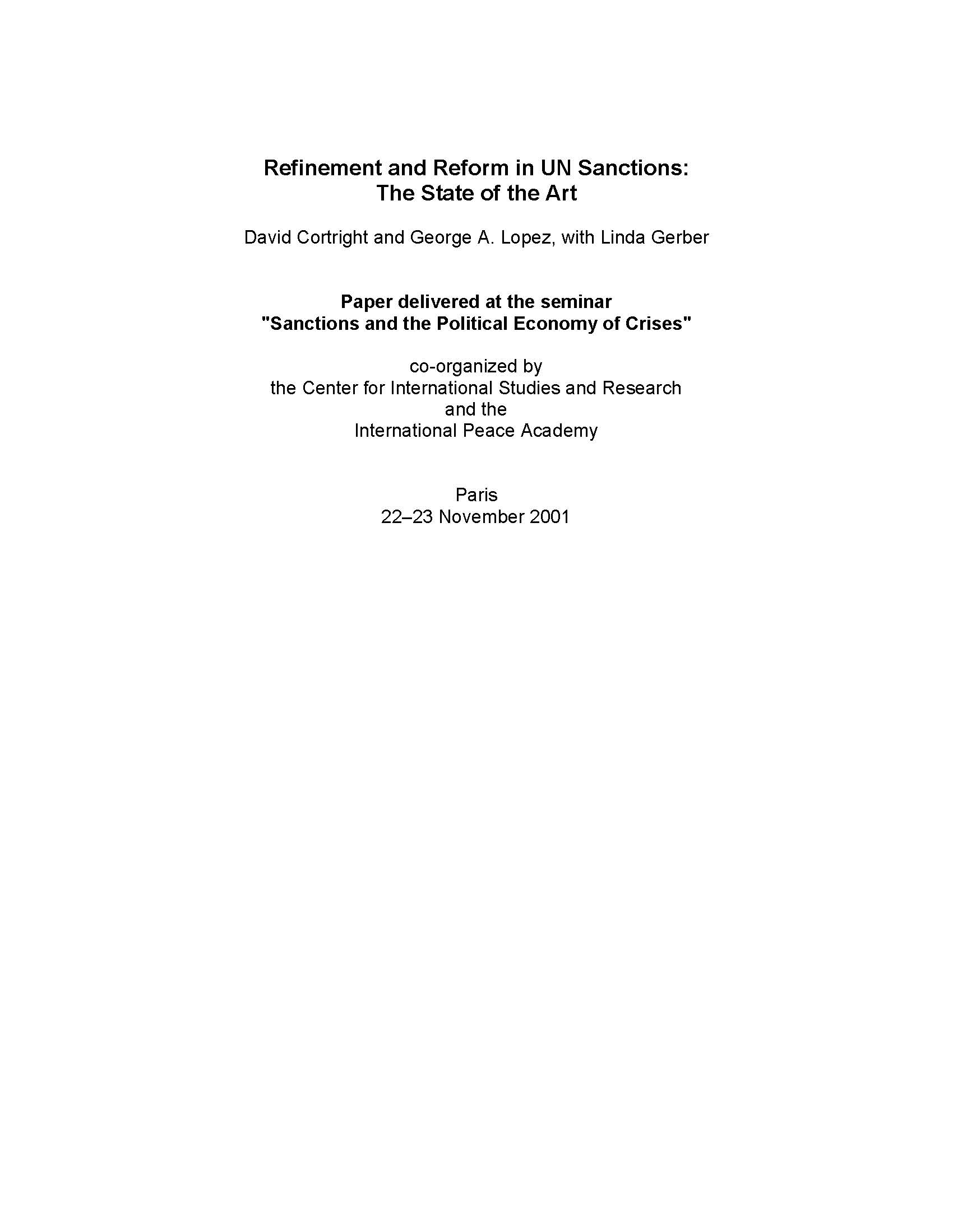 Refinement and Reform in UN Sanctions: The State of the Art