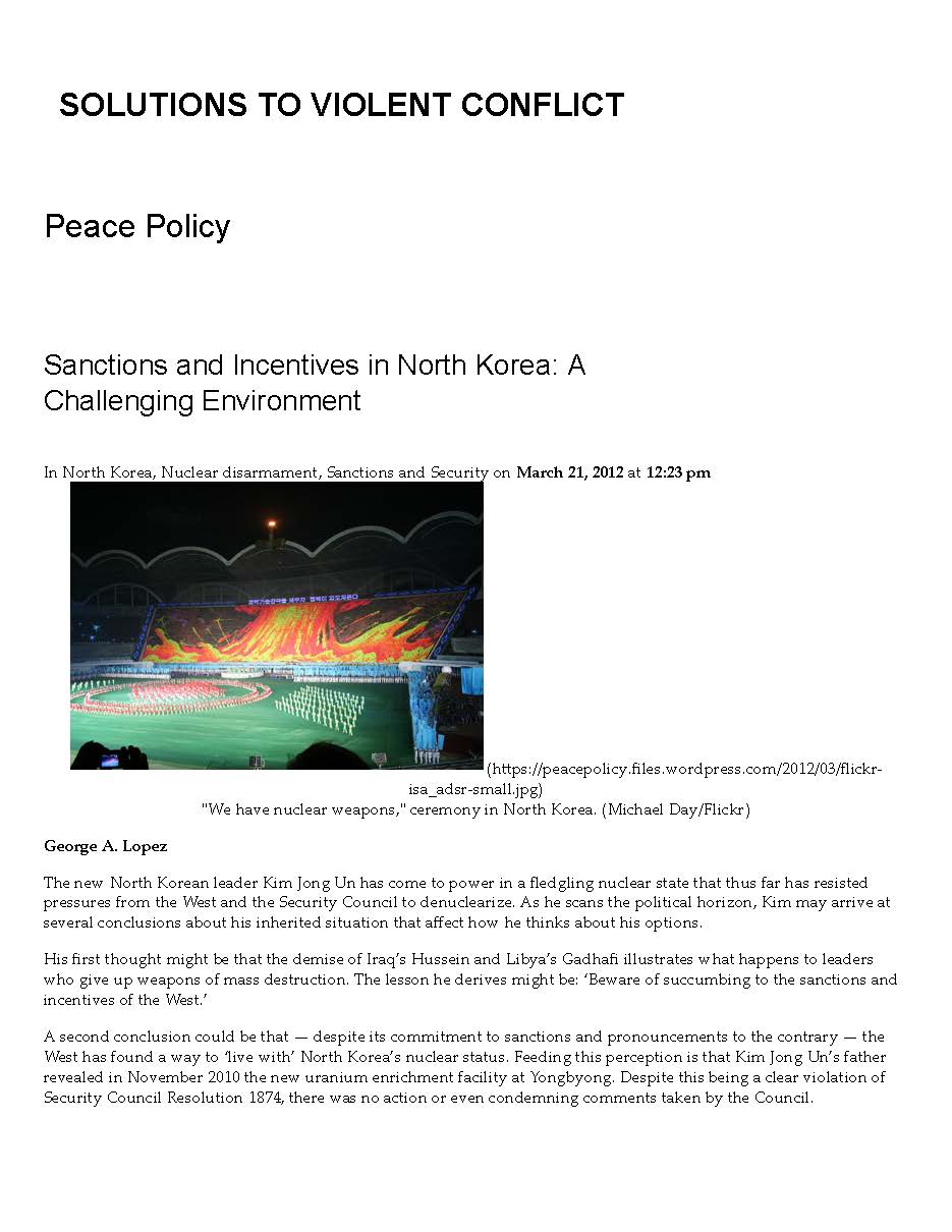 Sanctions and Incentives in North Korea: A Challenging Environment