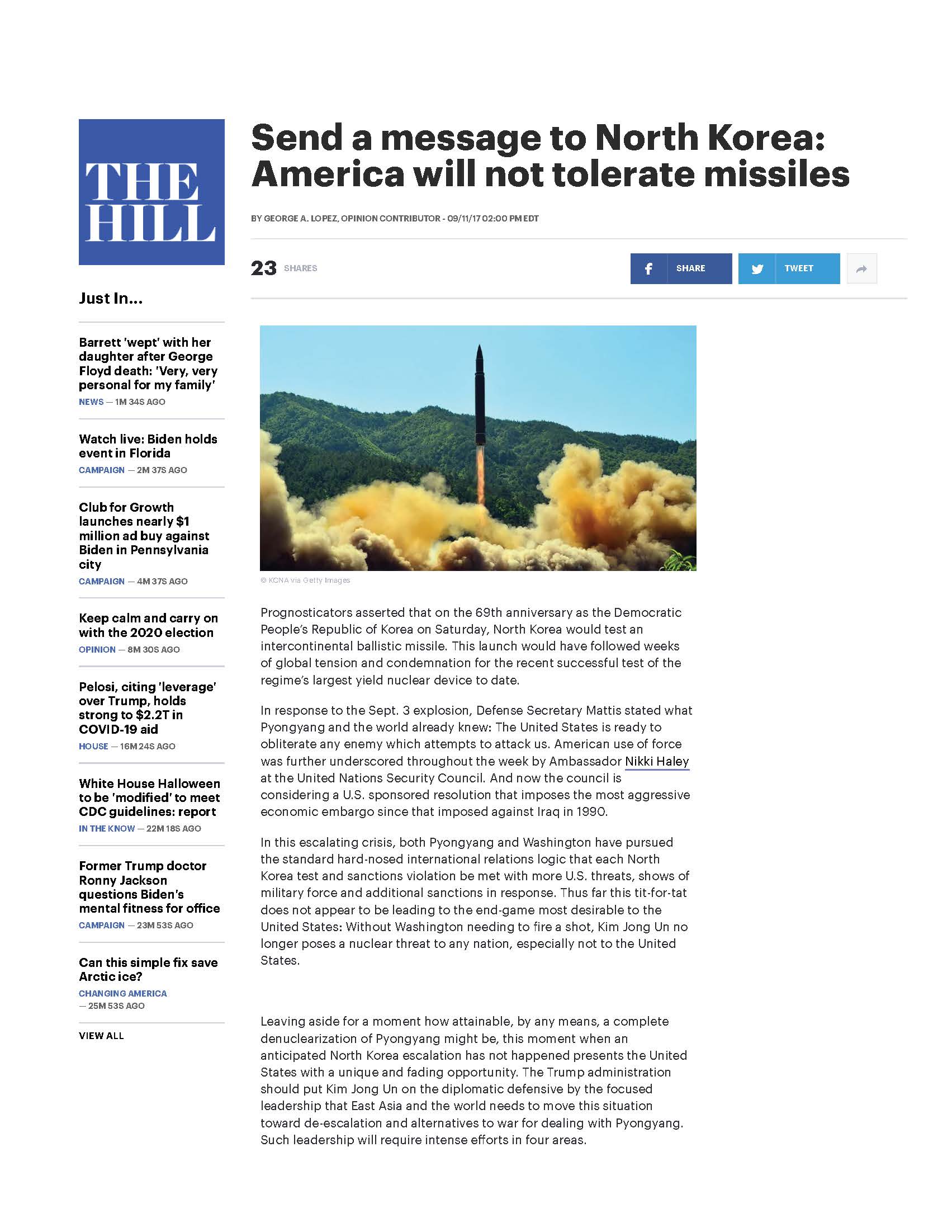 Send a Message to North Korea: America will not Tolerate Missiles