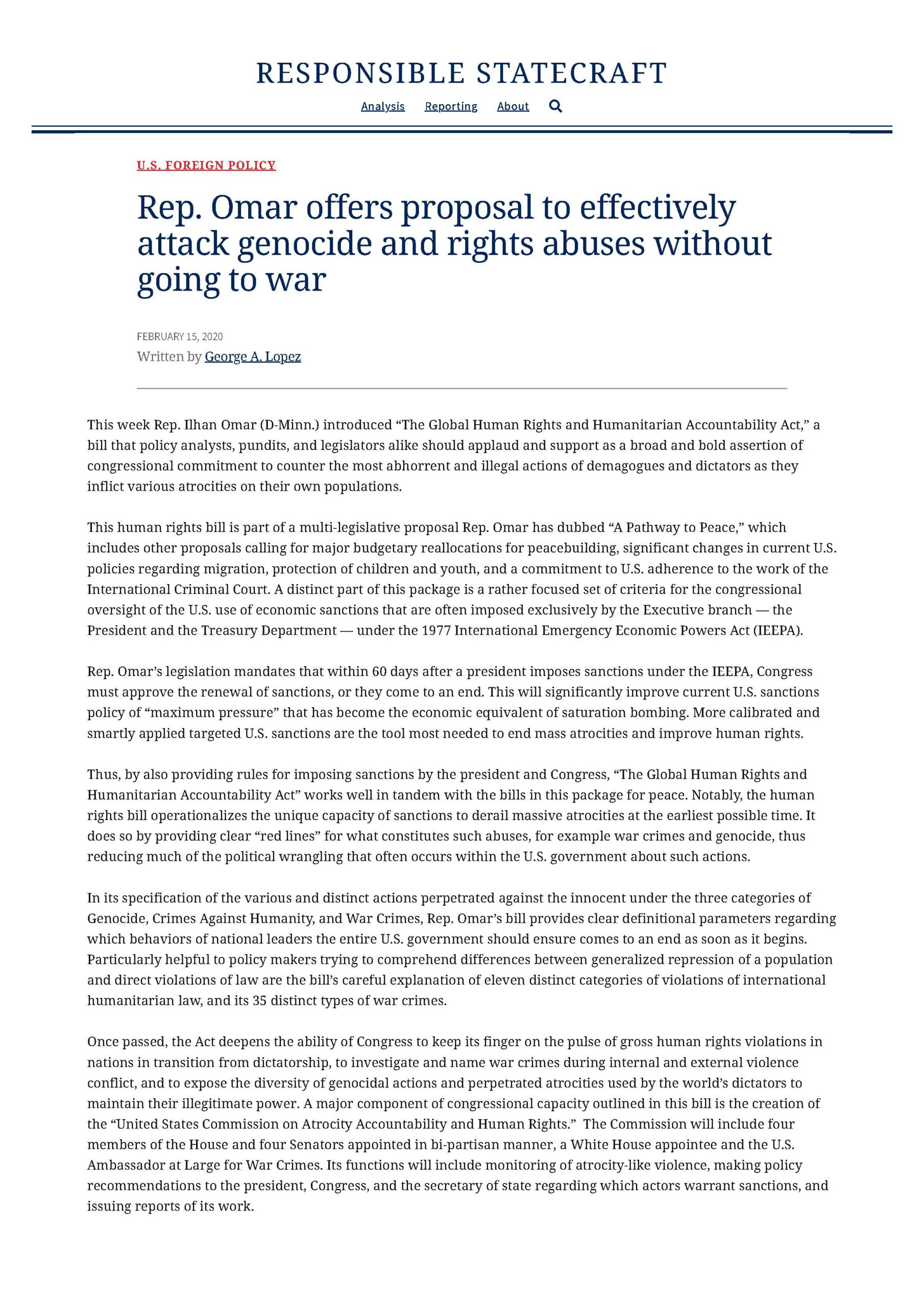 Rep. Omar Offers Proposal to Effectively Attack Genocide and Rights Abuses Without Going to War