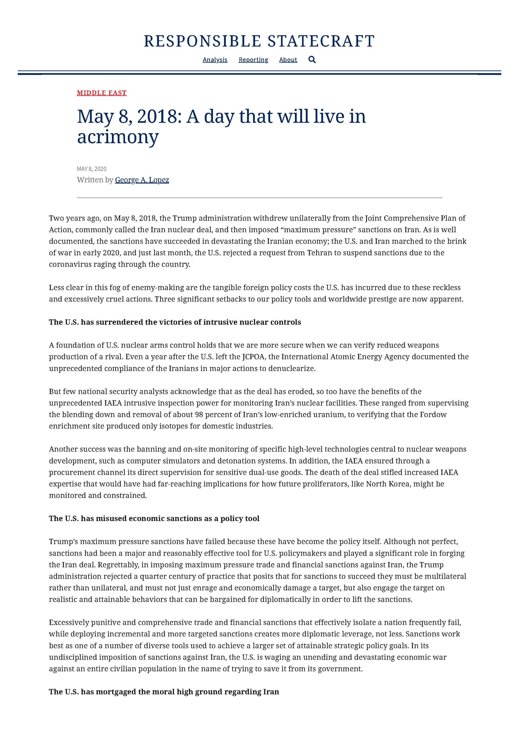 May 8, 2018: A Day That Will Live in Acrimony
