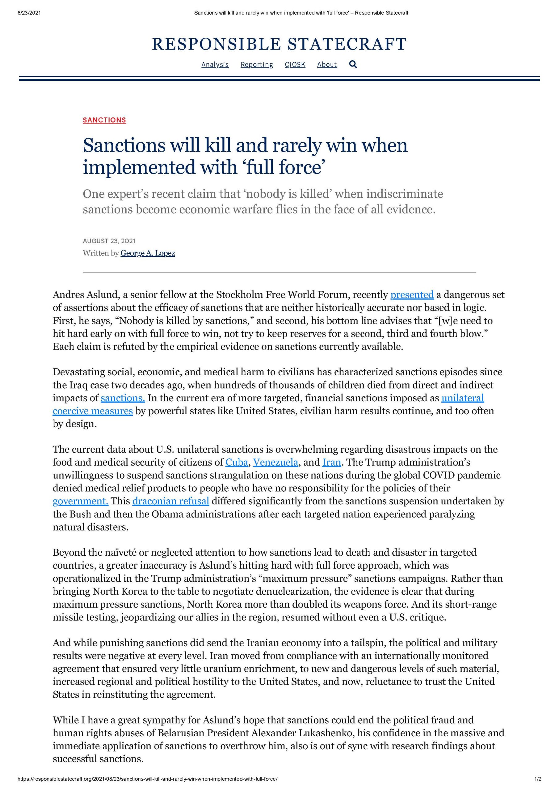Sanctions will kill and rarely win when implemented with ‘full force’