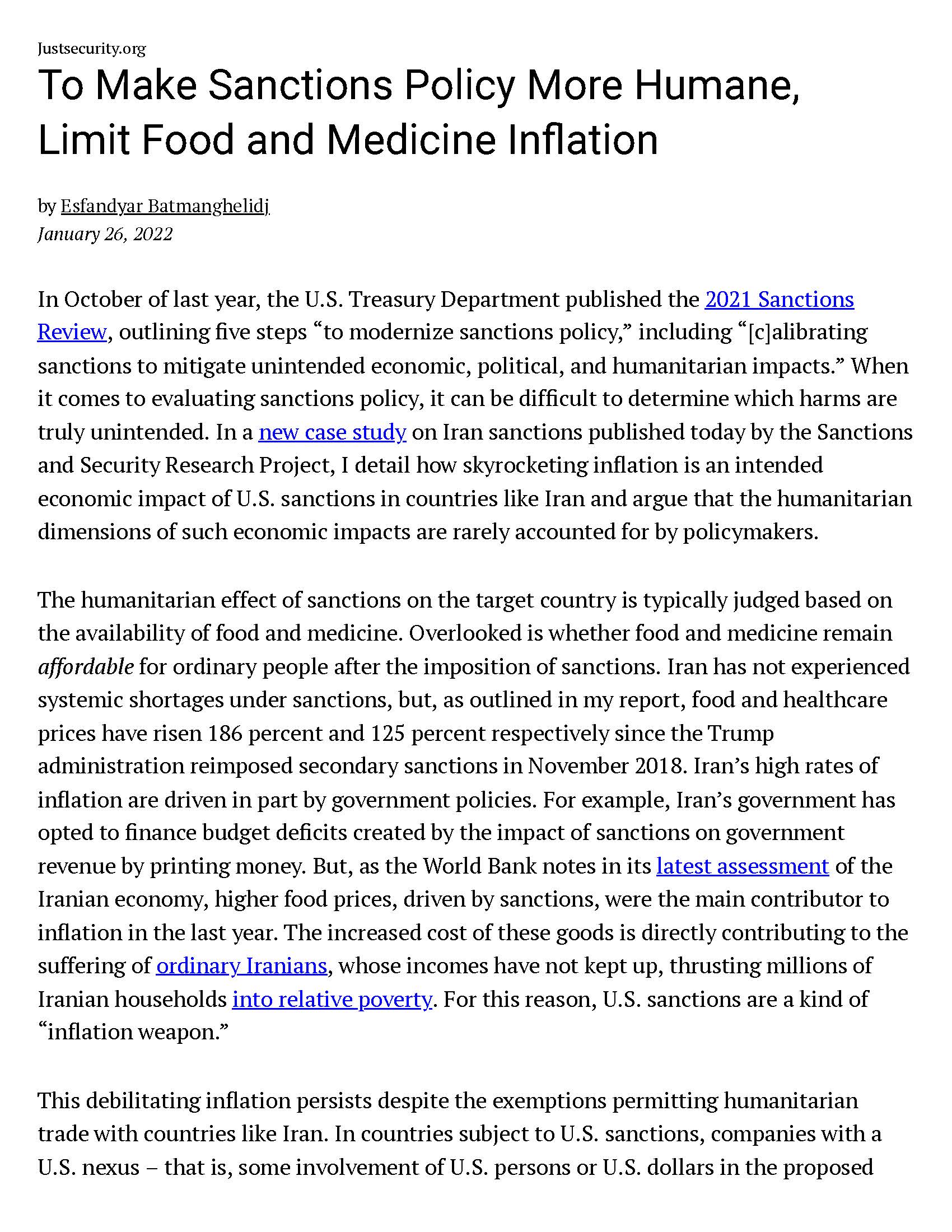 To Make Sanctions Policy More Humane, Limit Food and Medicine Inflation