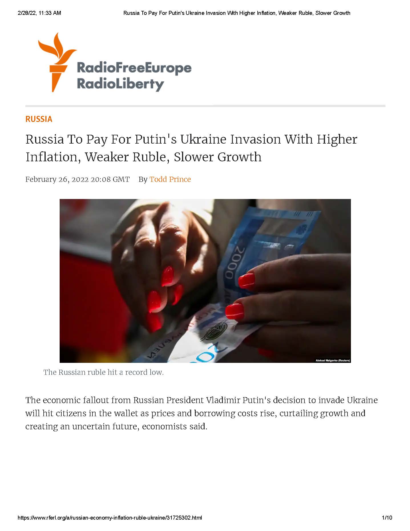 “Russia To Pay For Putin’s Ukraine Invasion With Higher Inflation, Weaker Ruble, Slower Growth,” RadioFreeEurope interview with George A. Lopez